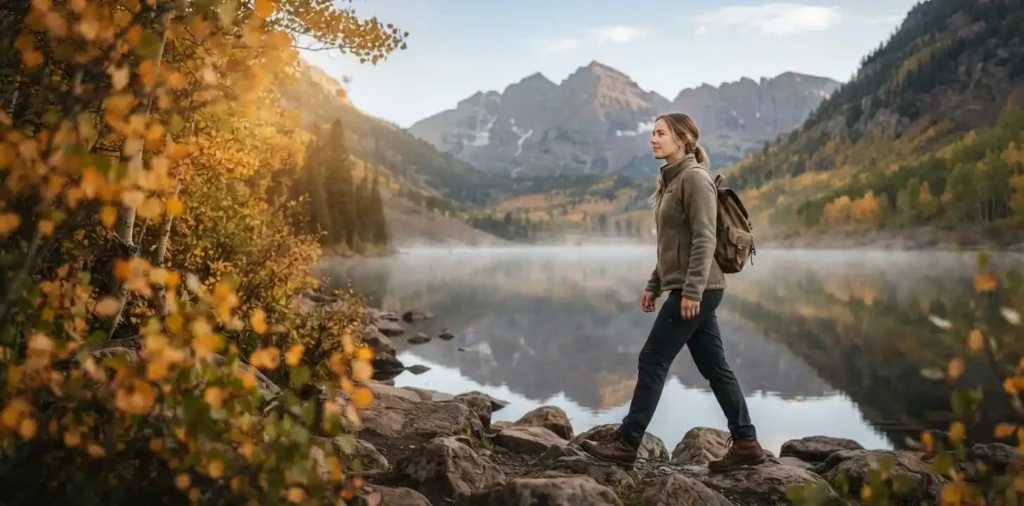 Travelers admiring Maroon Bells beside alpine lake