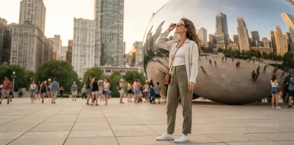 Traveler admiring Cloud Gate in Millennium Park