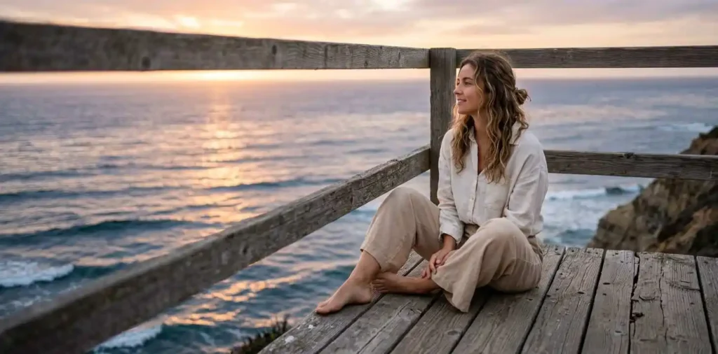 Woman enjoying a peaceful Pacific Ocean sunset