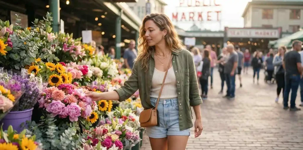 Traveler exploring colorful Pike Place Market stalls
