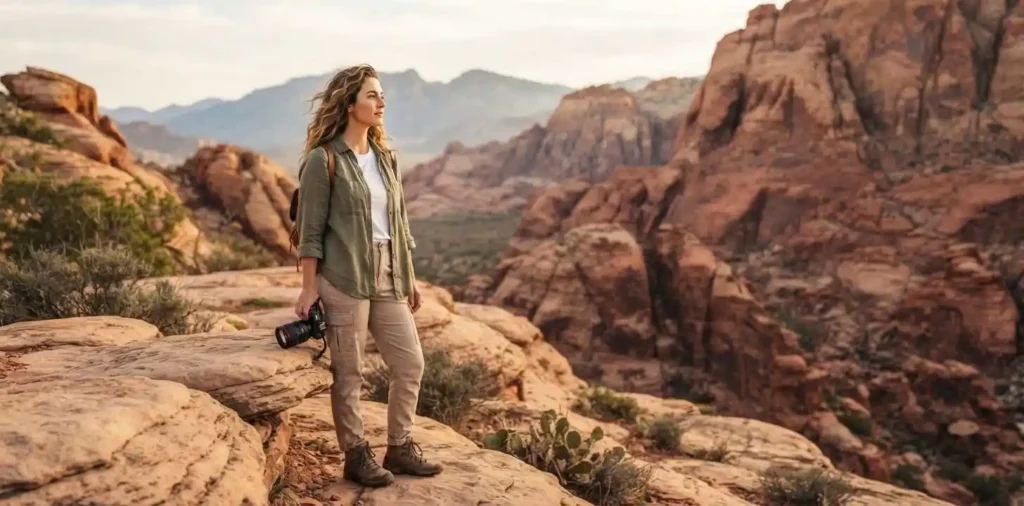 Traveler admiring scenic red rock formations