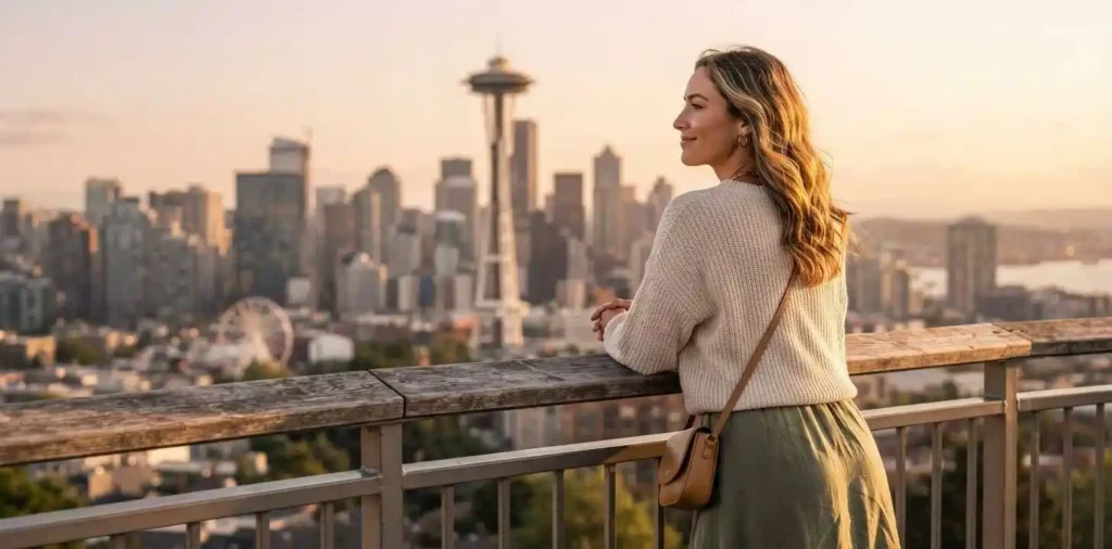 Traveler admiring Seattle Space Needle at sunset