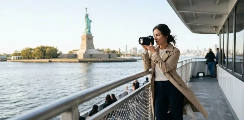 Woman photographing Statue of Liberty from ferry