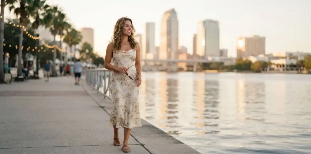 Traveler enjoying Tampa waterfront at golden hour