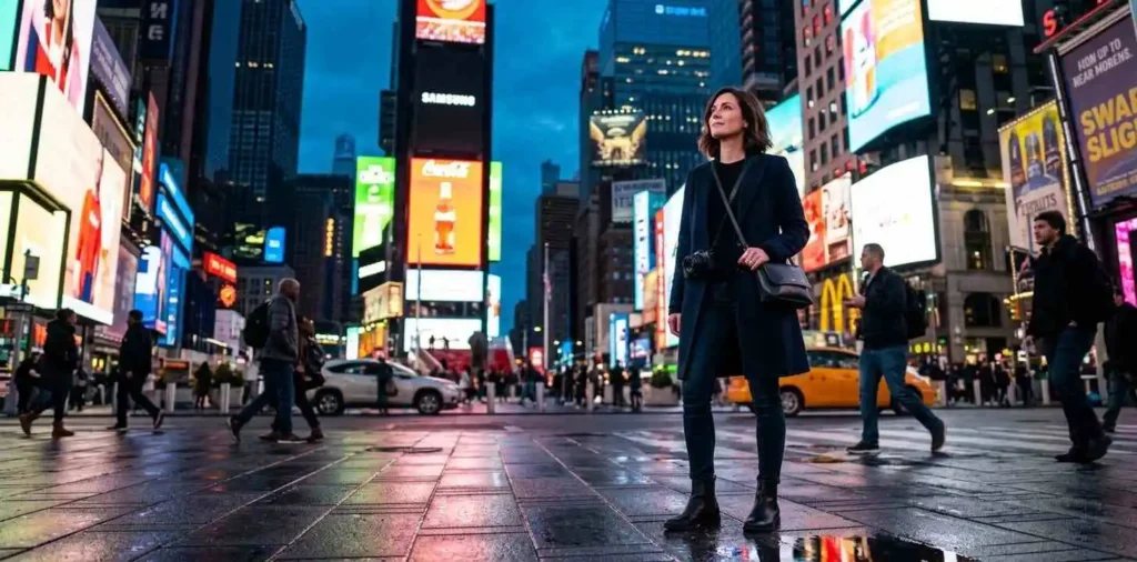Stylish traveler posing beneath Times Square lights
