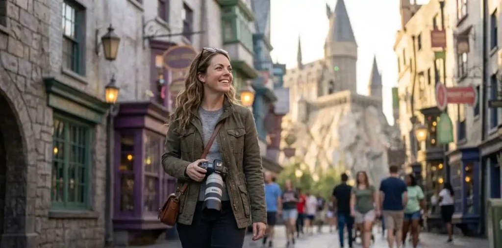Woman exploring colorful Universal Studios attractions
