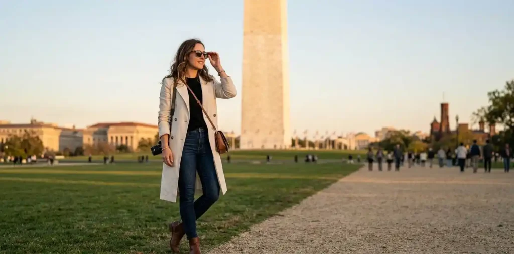 Woman posing with Washington Monument behind her