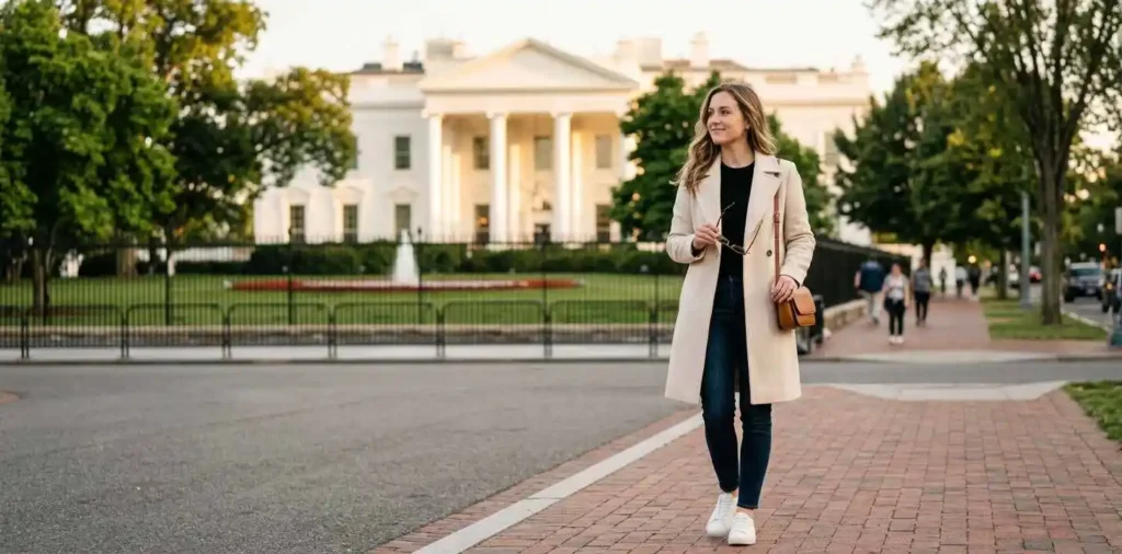 Traveler admiring the White House at golden hour