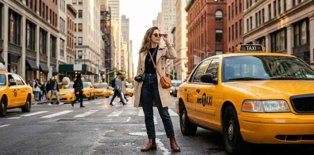 Stylish woman posing beside yellow taxi