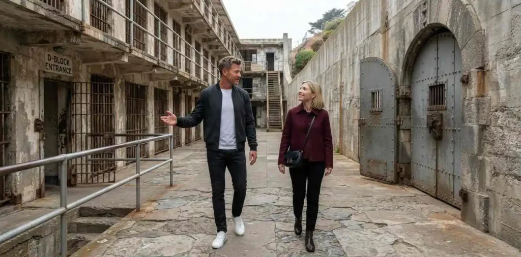 Stylish travelers touring Alcatraz prison grounds