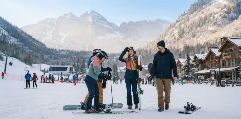 Friends skiing together in snowy Aspen mountains