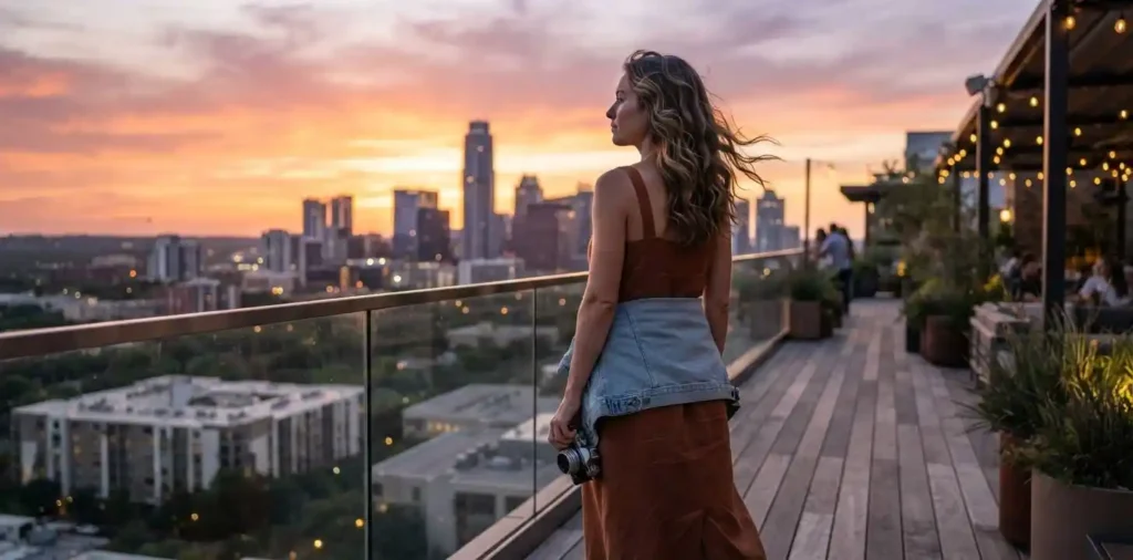 Woman watching Austin sunset from rooftop