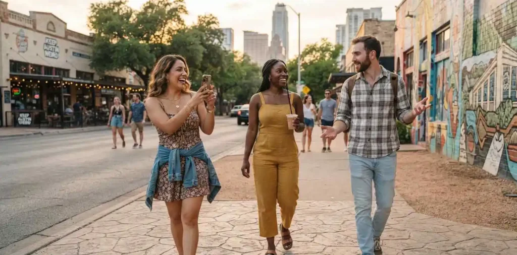Friends exploring Austin city streets together