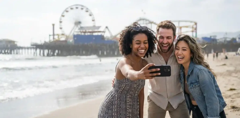 Friends taking a selfie near Santa Monica beach