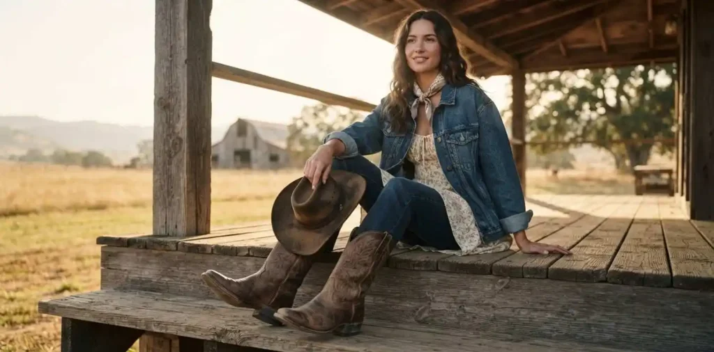 Western boots beside a rustic wooden porch
