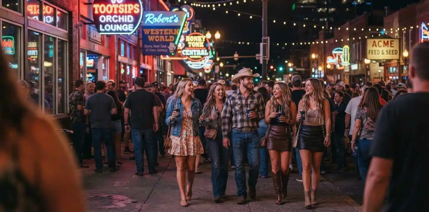 Friends enjoying Broadway Nashville at night