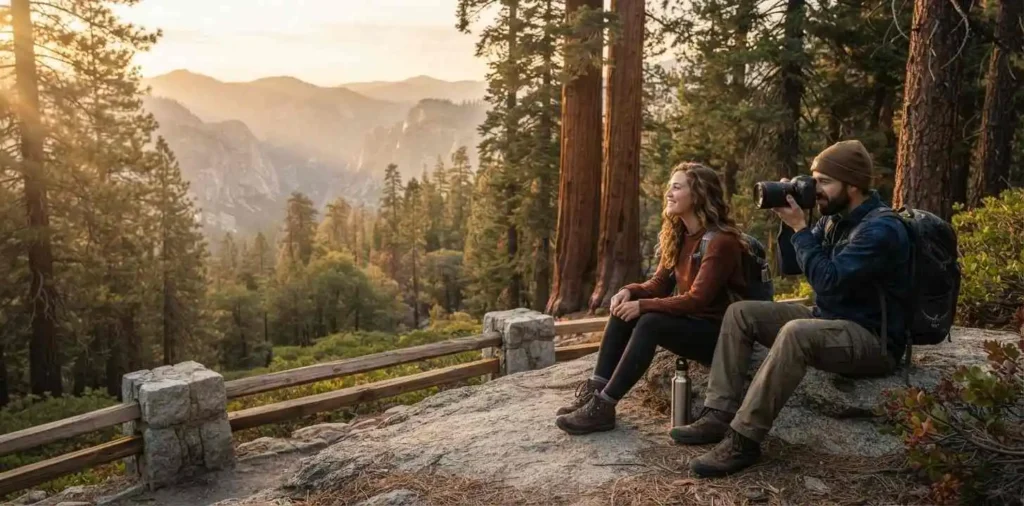 Hikers enjoying a peaceful California forest