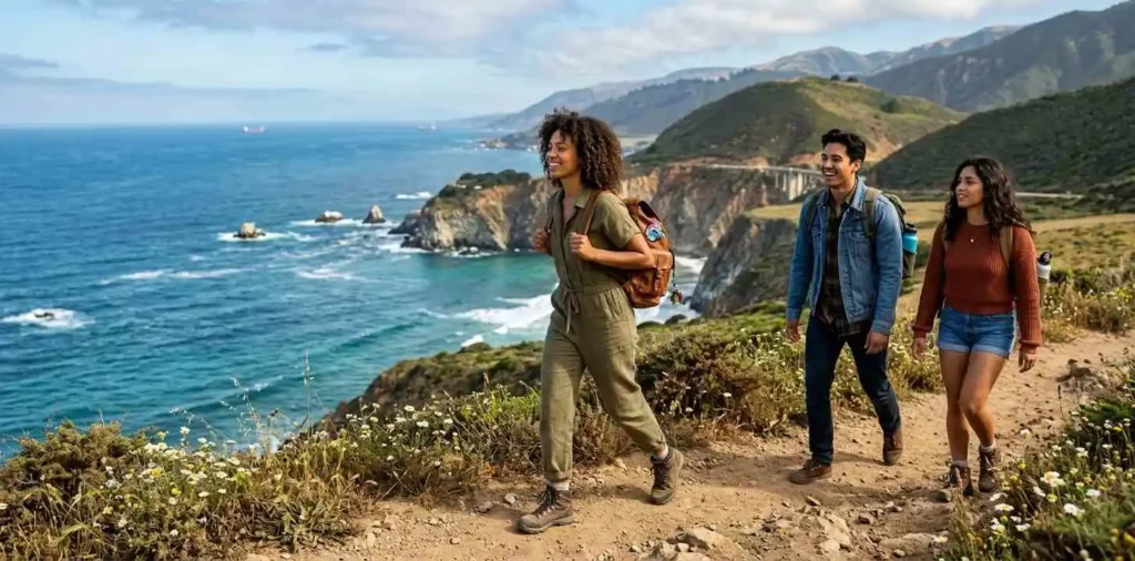 Friends exploring California coastline together