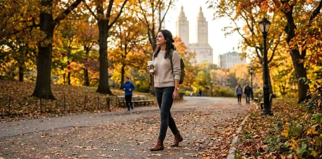 Woman walking through Central Park