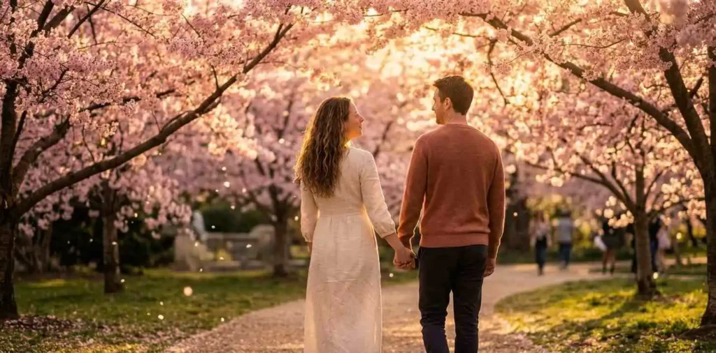 Couple walking beneath cherry blossoms at sunset