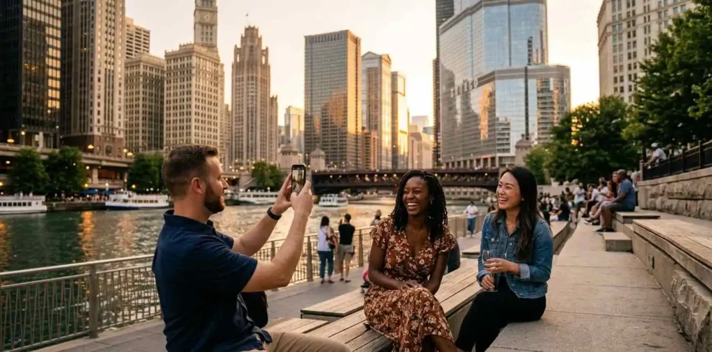 Friends enjoying Chicago Riverwalk waterfront views
