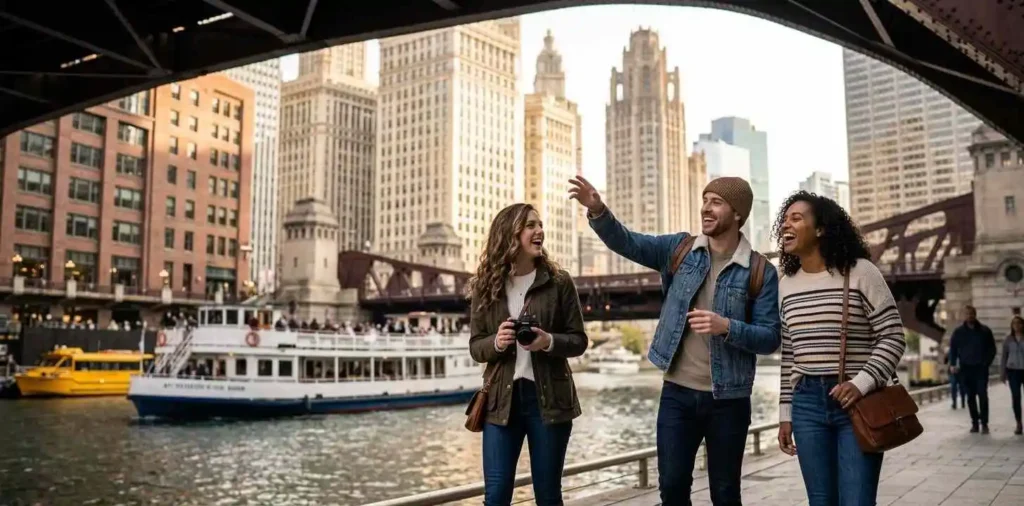 Friends exploring Chicago Riverwalk together