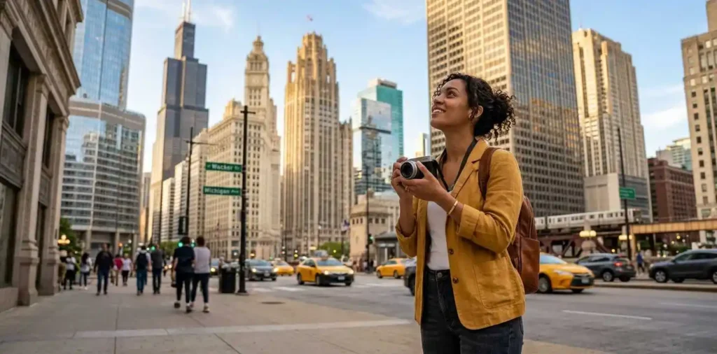 Friends exploring downtown Chicago during a trip