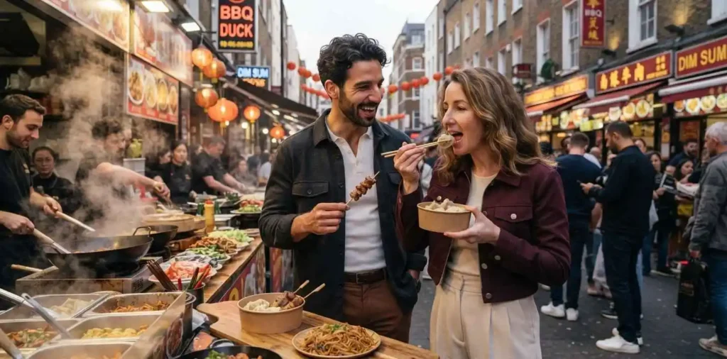 Couple enjoying Chinatown street food