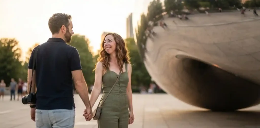 Couple sharing a romantic moment at Cloud Gate