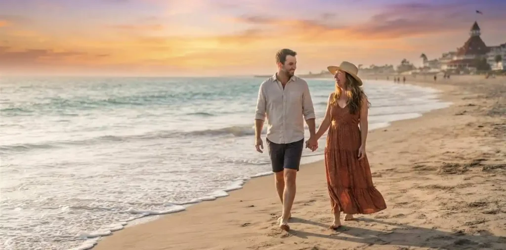 Couple walking hand in hand on beach
