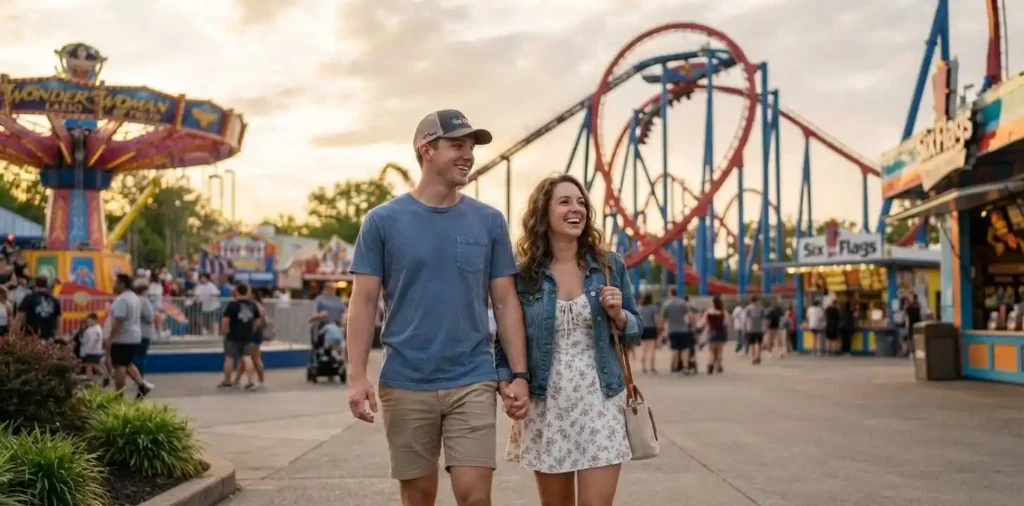 Couple smiling together at an amusement park