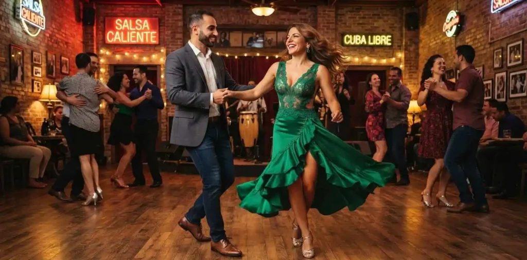 Couple mid-spin during salsa dance