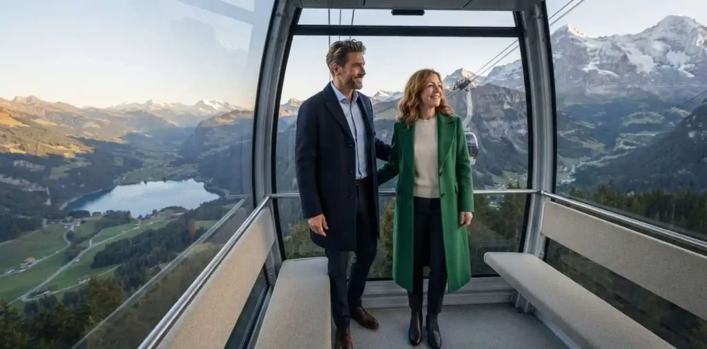 Couple sharing a moment inside cable car