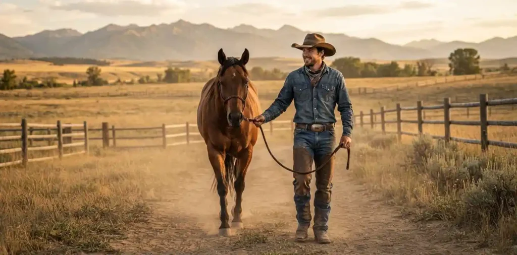 Cowboy standing beside a horse at sunset