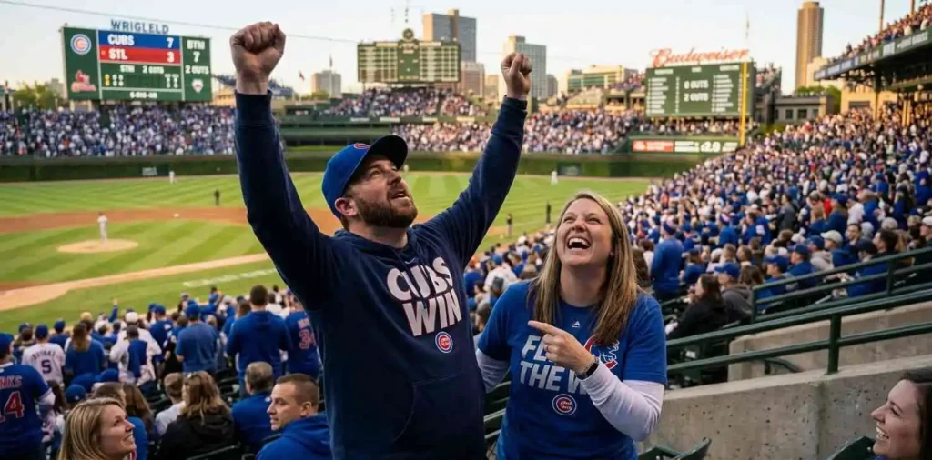 Fans celebrating during Cubs game