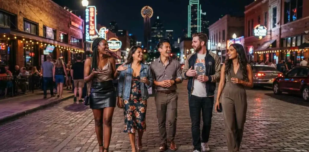 Friends enjoying Dallas nightlife downtown