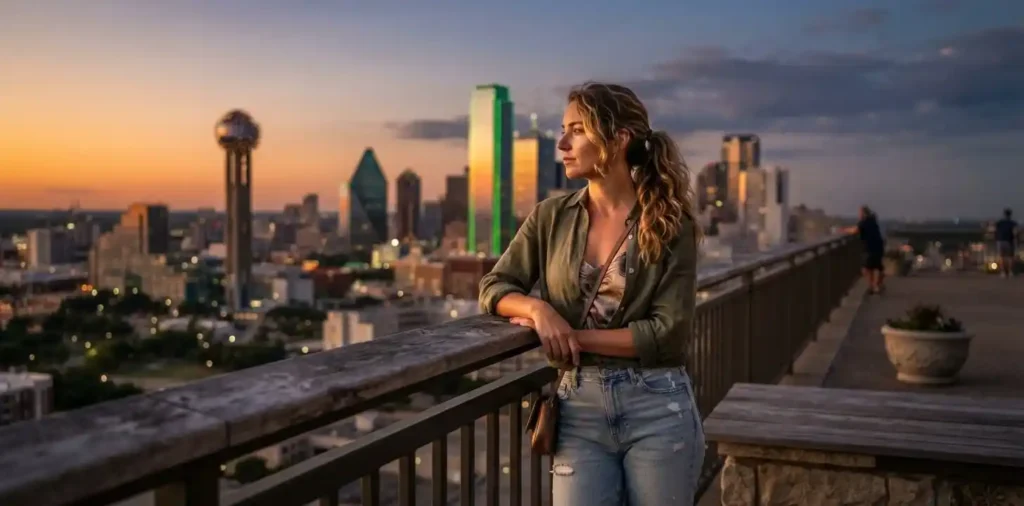 Friends admiring the Dallas skyline at sunset