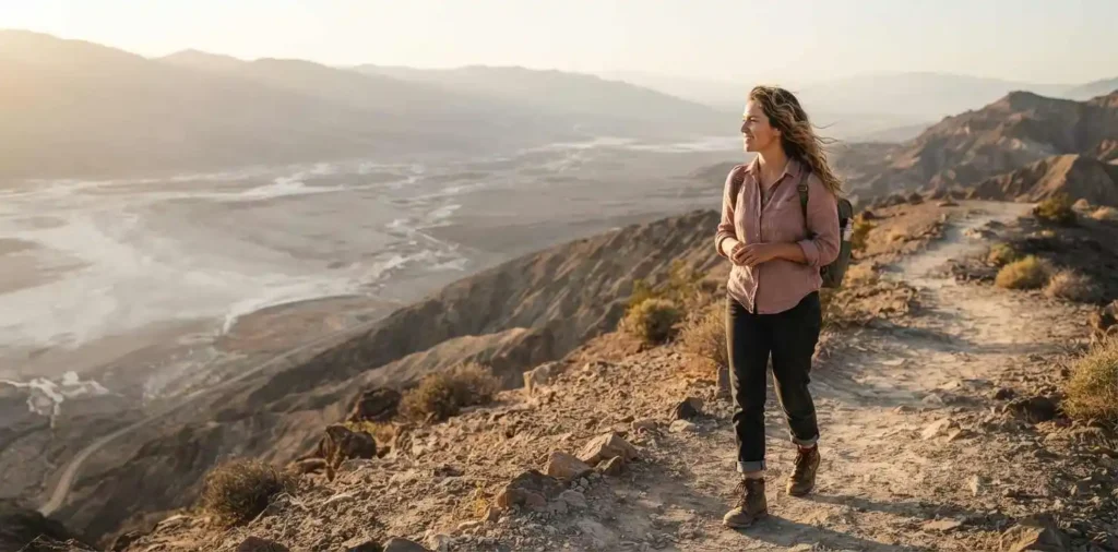Traveler admiring Death Valley desert landscape