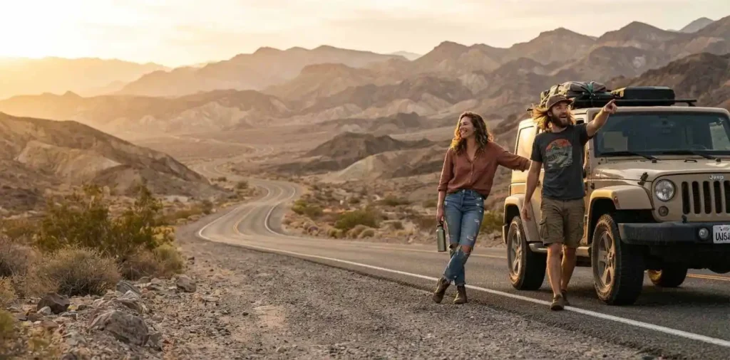 Friends exploring a desert road trip