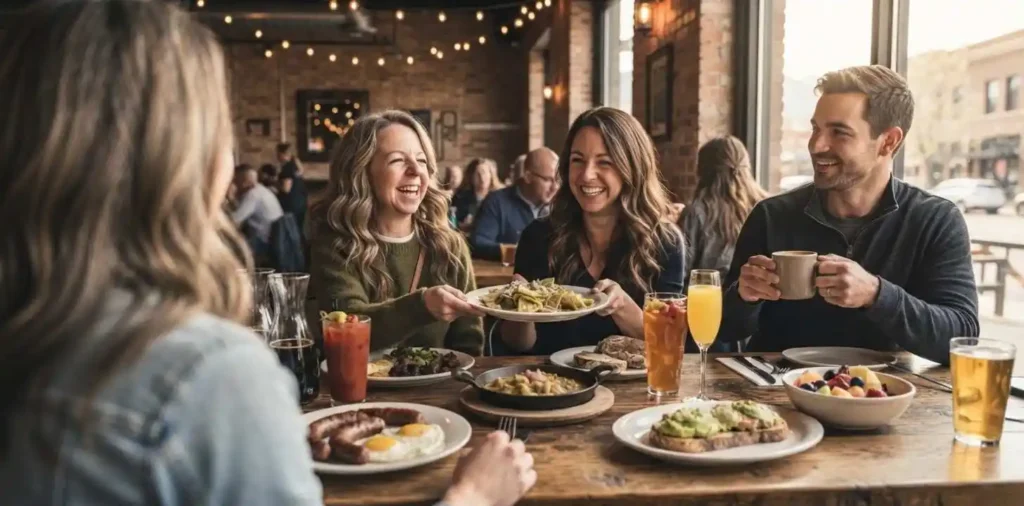 Friends enjoying brunch at a Denver restaurant