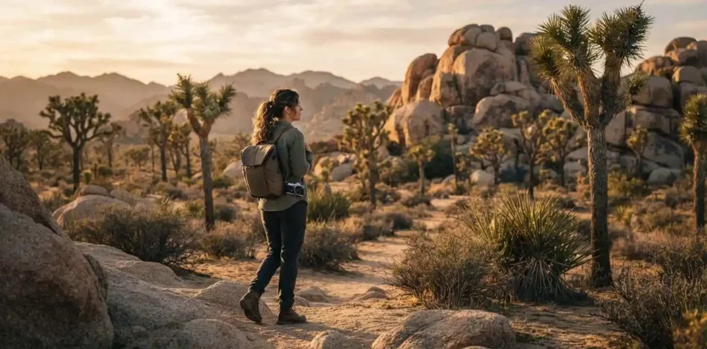 Traveler walking among Joshua trees in desert