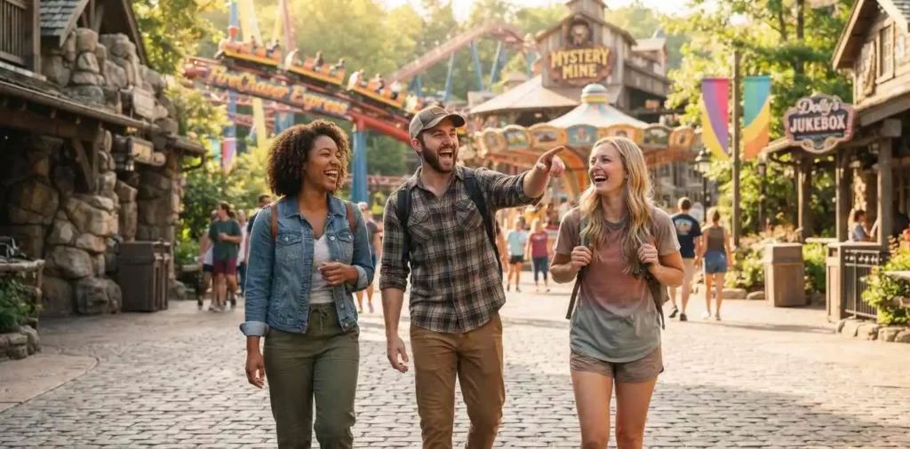 Friends laughing near a Dollywood attraction