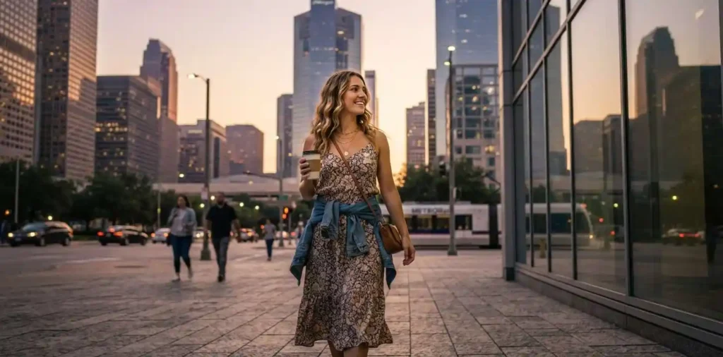 Friends walking through downtown Houston
