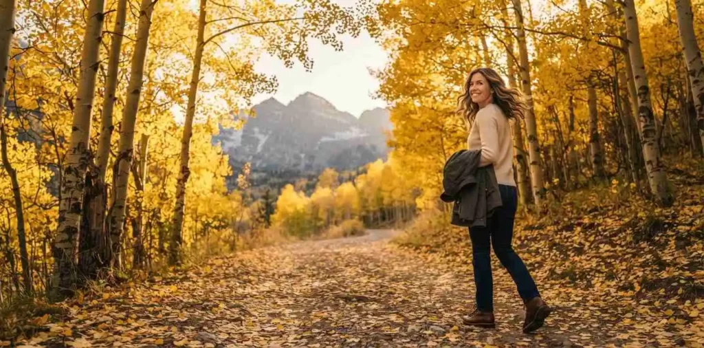 Traveler walking through colorful Aspen fall foliage