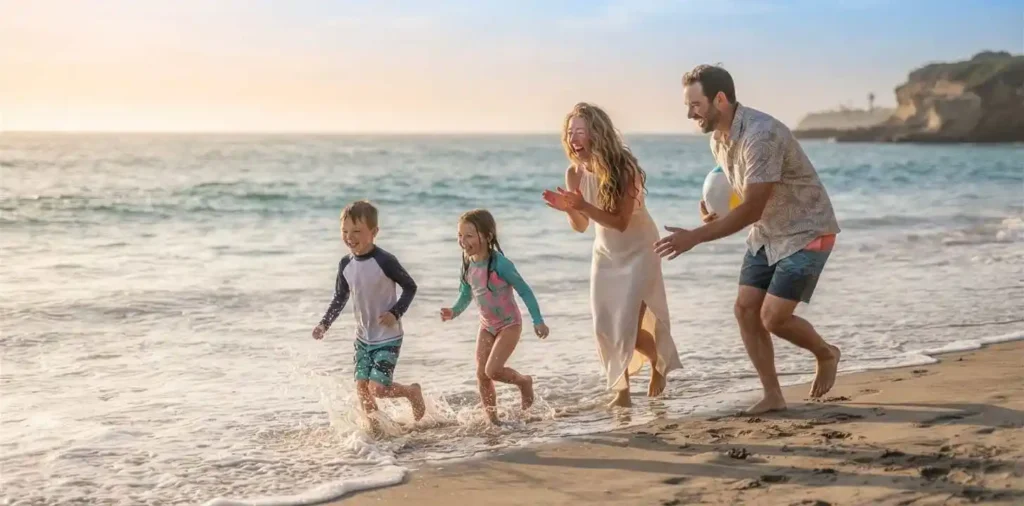Family laughing together beside California ocean waves