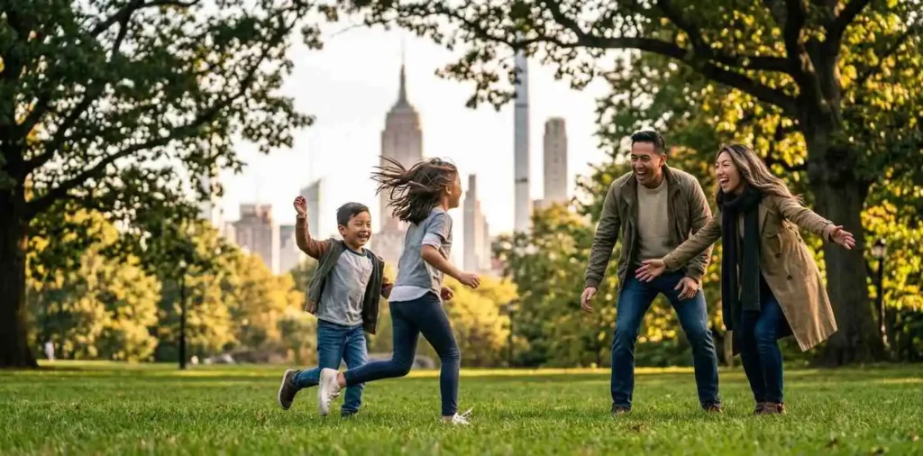 Family enjoying a playful Central Park afternoon