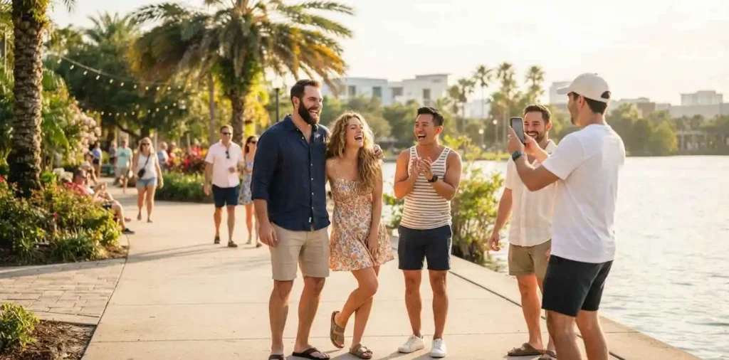 Friends enjoying a sunny Florida travel day