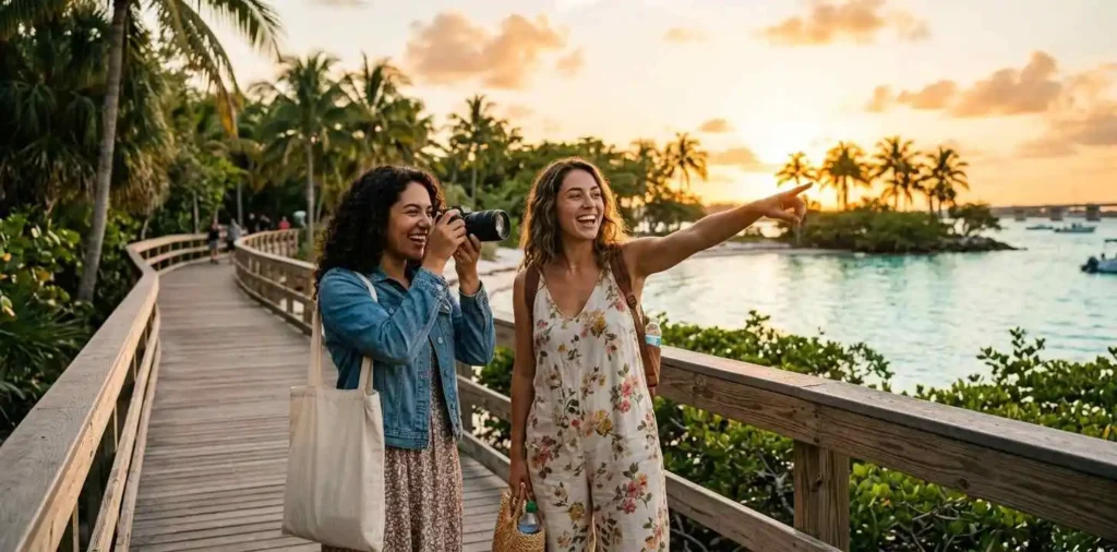 Friends exploring Florida waterfront at sunset