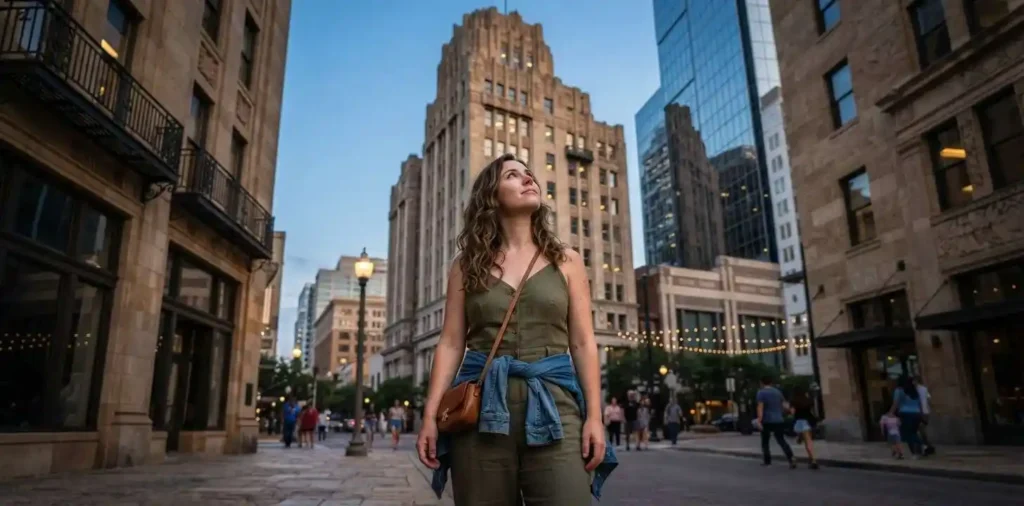Traveler admiring Fort Worth architecture