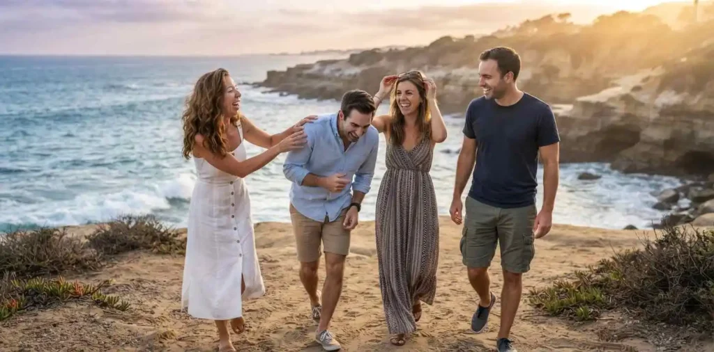 Friends laughing together beside ocean
